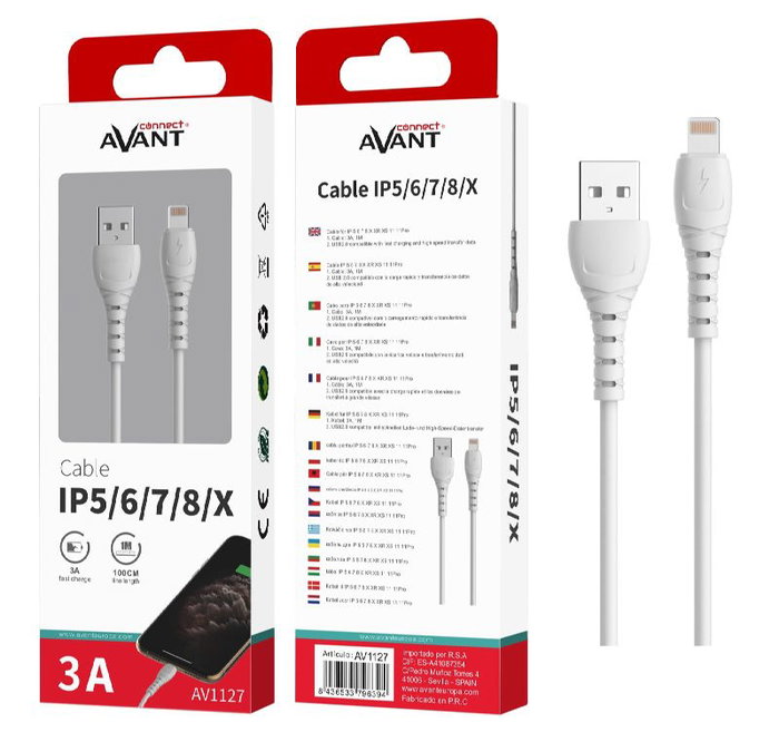 AVANT CONNECT Cable Lightning a USB, 1 Metro, Blanco, Carga Rápida 3A, Avant lightning a usb 3a - 1m - blanco - carga rapida