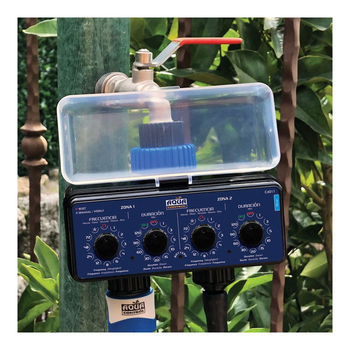 Aqua Control Programador de Grifo Doble Salida C5005, Permite Dos Zonas de Riego con Programación Independiente, Retraso de Tiempo, 1-72h Riego