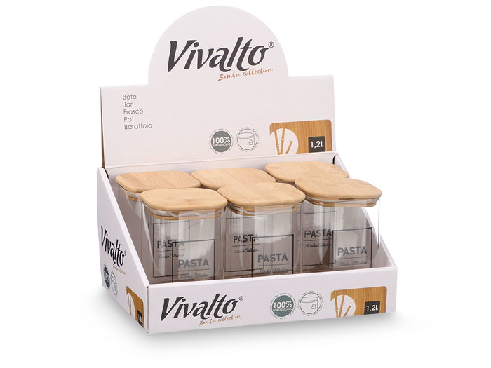 VIVALTO Bote Cuadrado Borosilicato Tapa Bambú, 1,2L, 10x15x10 cm (Set de 12)