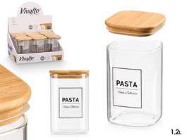 VIVALTO Bote Cuadrado Borosilicato Tapa Bambú, 1,2L, 10x15x10 cm (Set de 12)