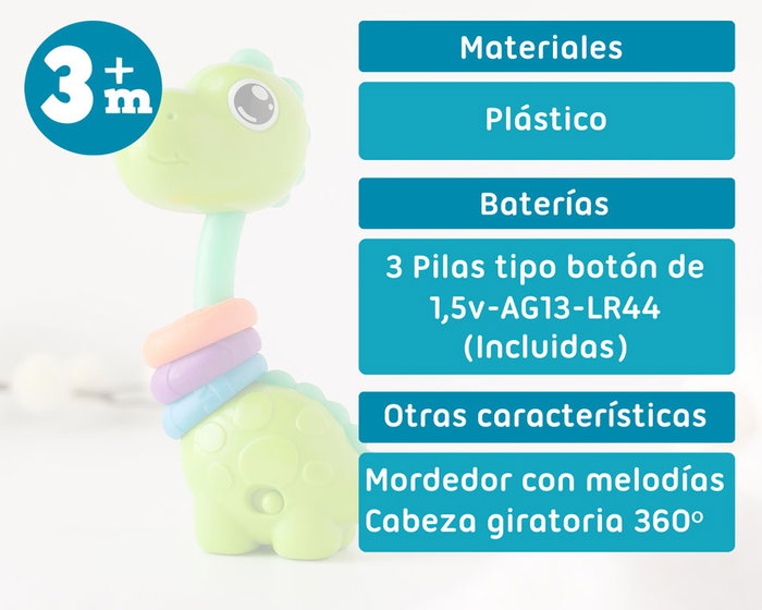 KioKids Mordedor Musical Dinosaurio Giratorio 360 con Melodías para Bebés +3 Meses Verde