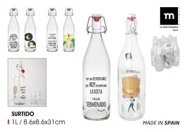 Inde Botella Vidrio 1L con Tapón Hermético, Diseño Chistes "Mecano" (6 Unidades)