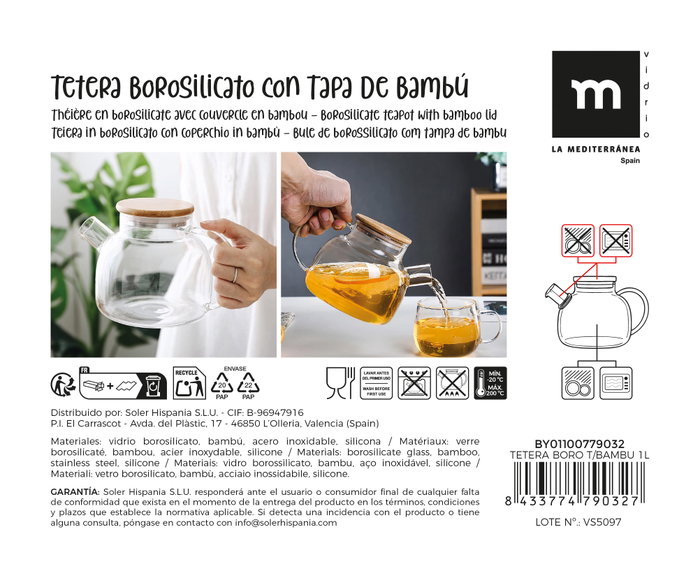 La Mediterranea Tetera Boro Tapa Bambú 1L con dimensiones 15,2 x 17,4 x 14,6 cm (12 Unidades)