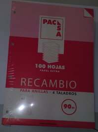 Recambio Pacsa A4 100H 90G 4 Taladros Pauta 2,5