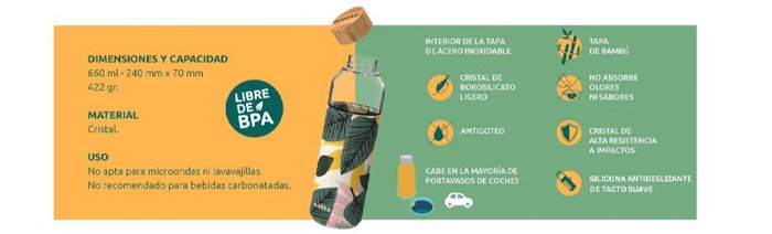 QUOKKA Botella de Cristal 660 ml con Funda de Silicona Flow Neon Green - Recargable, Reutilizable