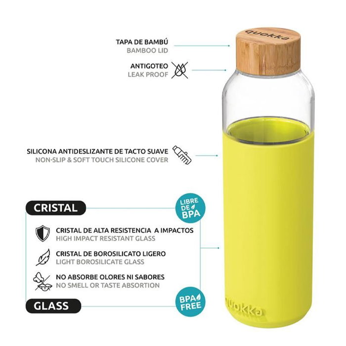 QUOKKA Botella de Cristal 660 ml con Funda de Silicona Flow Neon Green - Recargable, Reutilizable