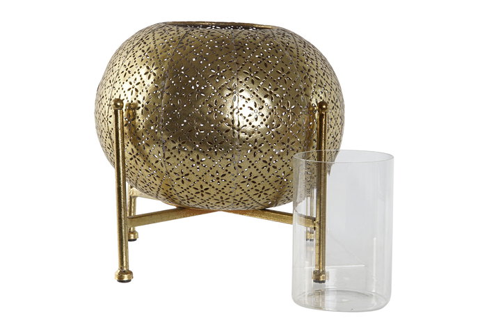 DKD Home Decor Portavelas Oriental Dorado Metal y Cristal 24 x 20 x 24 cm