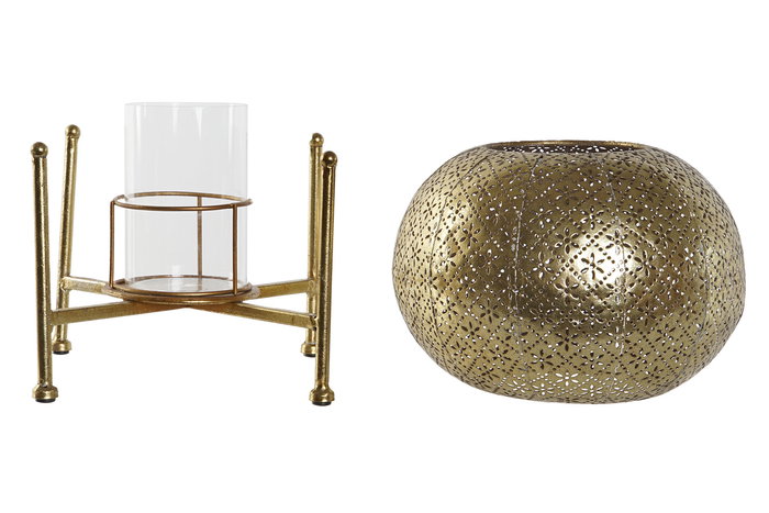 DKD Home Decor Portavelas Oriental Dorado Metal y Cristal 24 x 20 x 24 cm