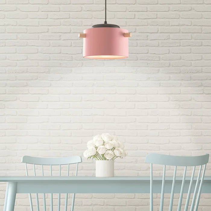 SKD Lámpara Colgante Moderna Averie SKD-P1013-S en Metal con Detalle de Madera, para Comedor o Habitación, Colores: Blanco, Verde Oliva, Salmón, Turquesa