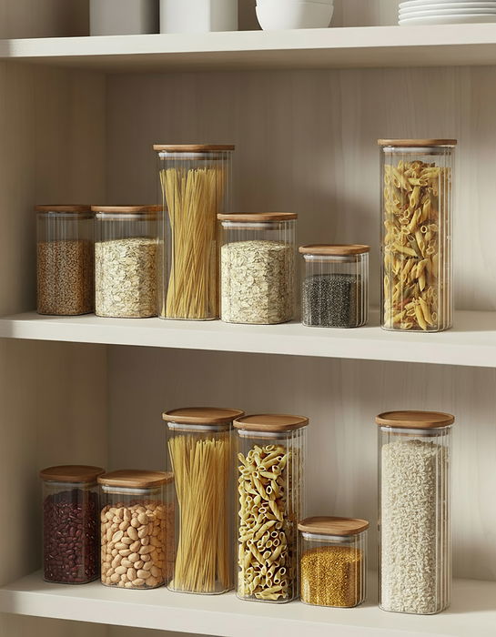 Inde Tarro de Cocina, Vidrio Boro Silicato Acacia Cuadrada 630 - 630 ml / 8.2 x 8.2 x 15.7 cm, La Mediterran (12 Unidades)