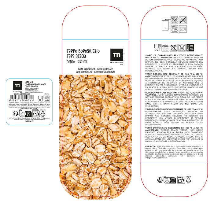 Inde Tarro de Cocina, Vidrio Boro Silicato Acacia Cuadrada 630 - 630 ml / 8.2 x 8.2 x 15.7 cm, La Mediterran (12 Unidades)