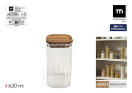 Inde Tarro de Cocina, Vidrio Boro Silicato Acacia Cuadrada 630 - 630 ml / 8.2 x 8.2 x 15.7 cm, La Mediterran (12 Unidades)