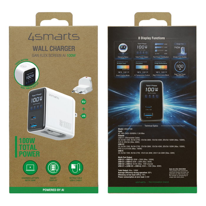 4smarts Ladegert GaN Flex Screen AI 100W 2 USB-C+1 USB-A blanco