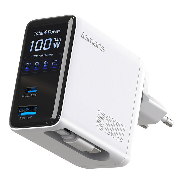4smarts Ladegert GaN Flex Screen AI 100W 2 USB-C+1 USB-A blanco