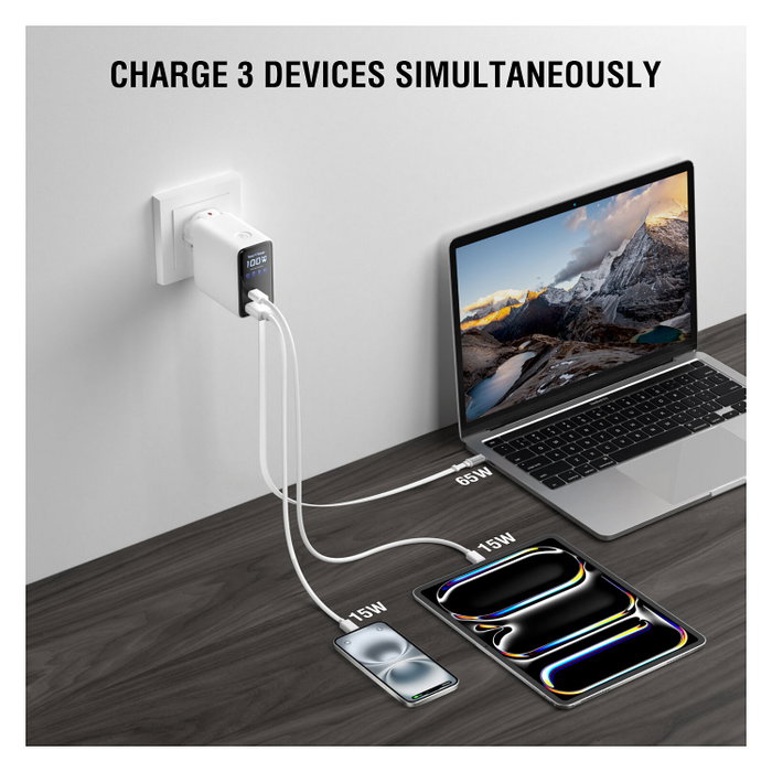4smarts Ladegert GaN Flex Screen AI 100W 2 USB-C+1 USB-A blanco