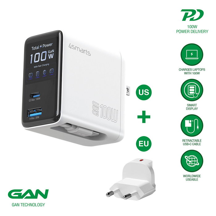 4smarts Ladegert GaN Flex Screen AI 100W 2 USB-C+1 USB-A blanco