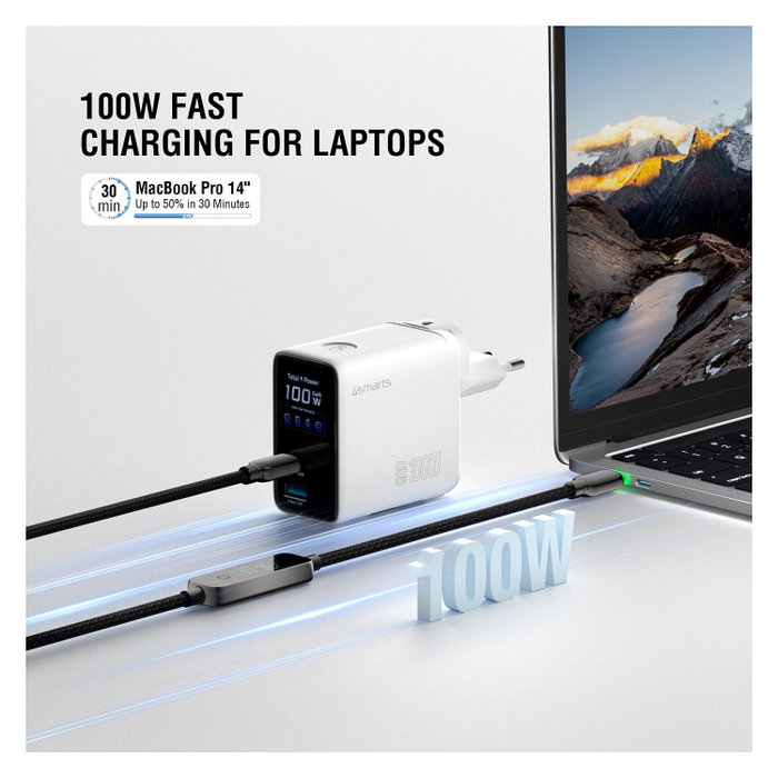 4smarts Ladegert GaN Flex Screen AI 100W 2 USB-C+1 USB-A blanco