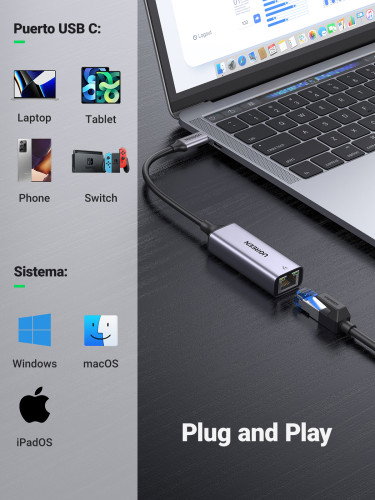 UGREEN Adaptador de red USB-C a Gigabit Ethernet 50737, Plata