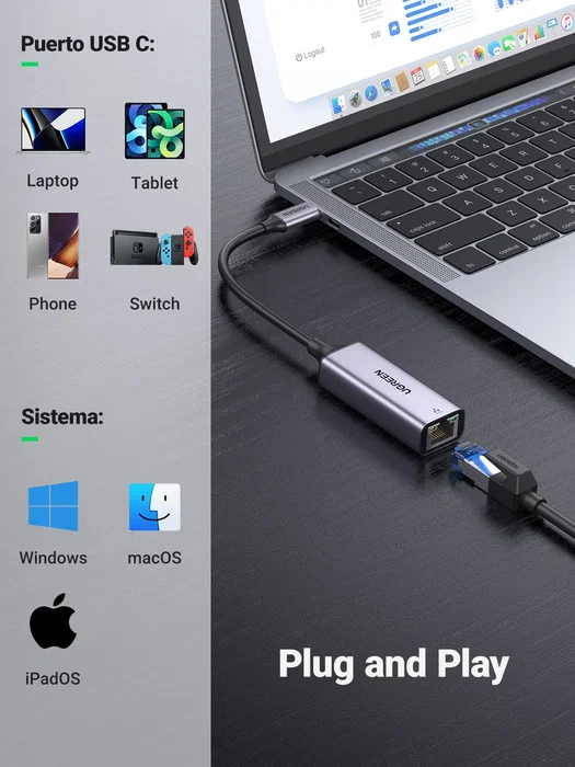 Ugreen 50737 Adaptador de Red USB C a Gigabit Ethernet Plata