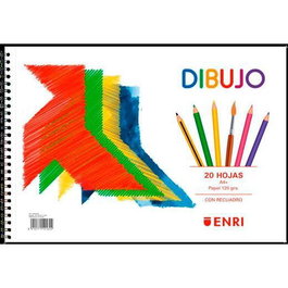 Enri - Bloc de Dibujo A4+ con Espiral Pajarita, 20 Hojas, Papel Liso Blanco 120 g/m², Recuadro C y Microperforado