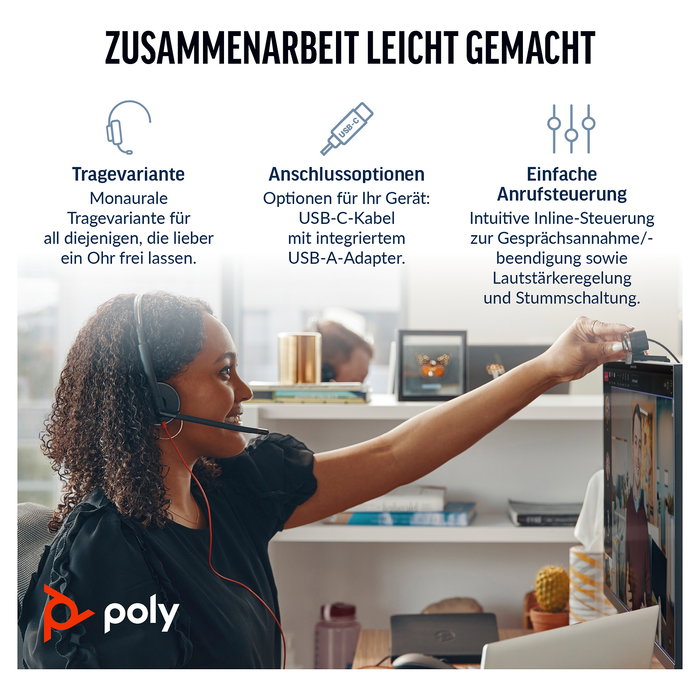 HP Auriculares Poly Blackwire C3210 Monoaural USB-C/A Negro para Business/Everyday