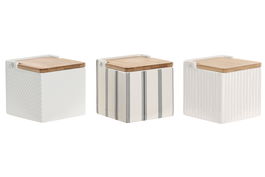 DKD Home Decor Salero Blanco Gres y Bambú 11 x 11 x 11 cm (3 Unidades)