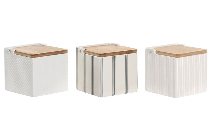 DKD Home Decor Salero Blanco Gres y Bambú 11 x 11 x 11 cm (3 Unidades) DKD Home Decor Salero Blanco Gres y Bambú 11 x 11 x 11 cm (3 Unidades)