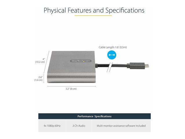 StarTech.com Adaptador USB-C a 4 Puertos HDMI USBC2HD4 1080p 60Hz