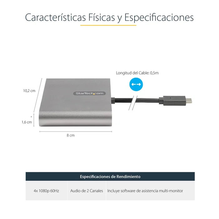 Startech USBC2HD4 Adaptador USB-C a 4x HDMI - 4 Monitores 1080p 60Hz - Audio - Para Windows - Cable 0.5m - Gris Startech USBC2HD4 Adaptador USB-C a 4x HDMI - 4 Monitores 1080p 60Hz - Audio - Para Windows - Cable 0.5m - Gris