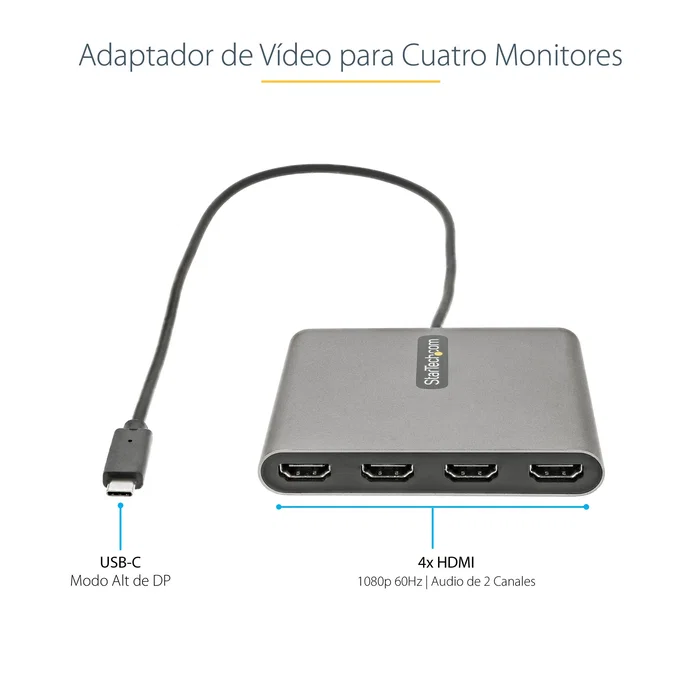 Startech USBC2HD4 Adaptador USB-C a 4x HDMI - 4 Monitores 1080p 60Hz - Audio - Para Windows - Cable 0.5m - Gris Startech USBC2HD4 Adaptador USB-C a 4x HDMI - 4 Monitores 1080p 60Hz - Audio - Para Windows - Cable 0.5m - Gris