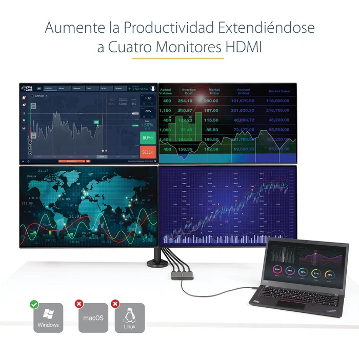 Startech USBC2HD4 Adaptador USB-C a 4x HDMI - 4 Monitores 1080p 60Hz - Audio - Para Windows - Cable 0.5m - Gris Startech USBC2HD4 Adaptador USB-C a 4x HDMI - 4 Monitores 1080p 60Hz - Audio - Para Windows - Cable 0.5m - Gris