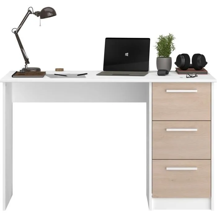 Parisot 6440BURE Mueble de Oficina con 3 Cajones Decoración Chene y Blanca L 121.2 x D 55 x H 74.5 cm - Hecho en Francia