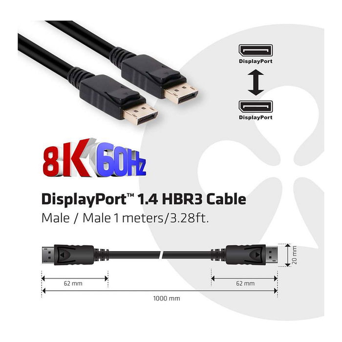 Club 3D Cable DisplayPort 1.4 HBR3 32.4Gb/s 1m 8K60Hz Macho/Macho Club 3D Cable DisplayPort 1.4 HBR3 32.4Gb/s 1m 8K60Hz Macho/Macho