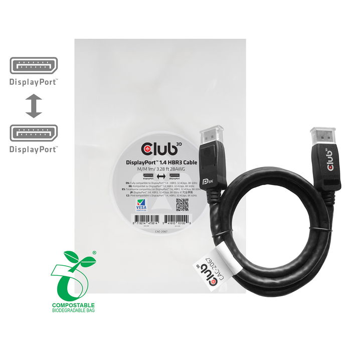 Club 3D Cable DisplayPort 1.4 HBR3 32.4Gb/s 1m 8K60Hz Macho/Macho Club 3D Cable DisplayPort 1.4 HBR3 32.4Gb/s 1m 8K60Hz Macho/Macho