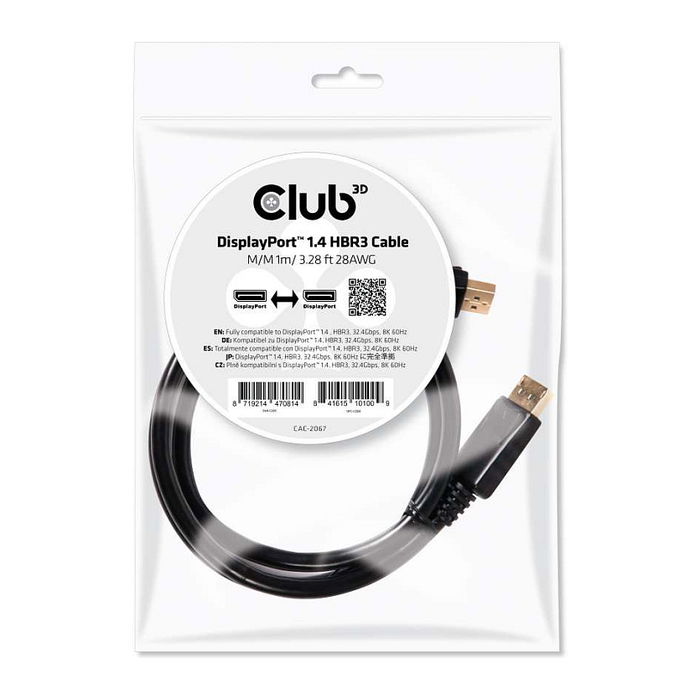 Club 3D Cable DisplayPort 1.4 HBR3 32.4Gb/s 1m 8K60Hz Macho/Macho Club 3D Cable DisplayPort 1.4 HBR3 32.4Gb/s 1m 8K60Hz Macho/Macho