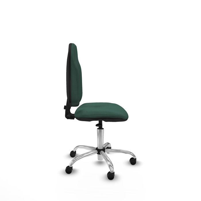 Silla de oficina Algarra con mecanismo Contacto permanente básico tapizada con Tela color Verde botella. Equipada con Base cromada, Sin brazos y Ruedas autofrenantes