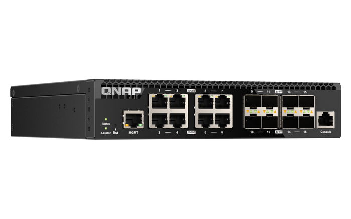 QNAP QSW-M3216R-8S8T Conmutador de Red 18 Puertos Gestionado Layer 2, 8 Puertos 10GbE RJ-45 + 8 Puertos 10Gb SFP+, 320 Gbps, Rack, Fuente Interna