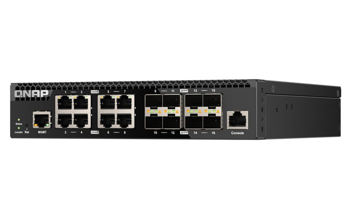 QNAP QSW-M3216R-8S8T Conmutador de Red 18 Puertos Gestionado Layer 2, 8 Puertos 10GbE RJ-45 + 8 Puertos 10Gb SFP+, 320 Gbps, Rack, Fuente Interna