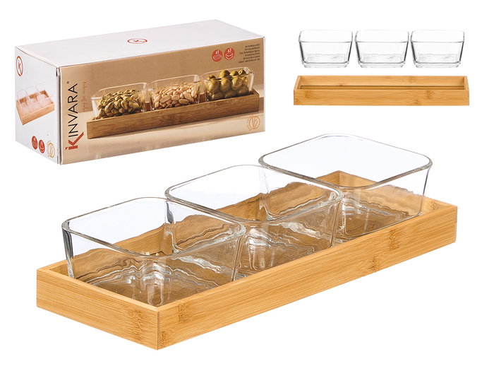 Kinvara - Bandeja de Bambú con 3 Boles de Vidrio, para Frutos Secos o Snacks, Dimensiones 31 x Adicional: Bol 10x10x5 cm + Bandeja 31x11x3 cm (Set de 12) Kinvara - Bandeja de Bambú con 3 Boles de Vidrio, para Frutos Secos o Snacks, Dimensiones 31 x Adicional: Bol 10x10x5 cm + Bandeja 31x11x3 cm (Set de 12)