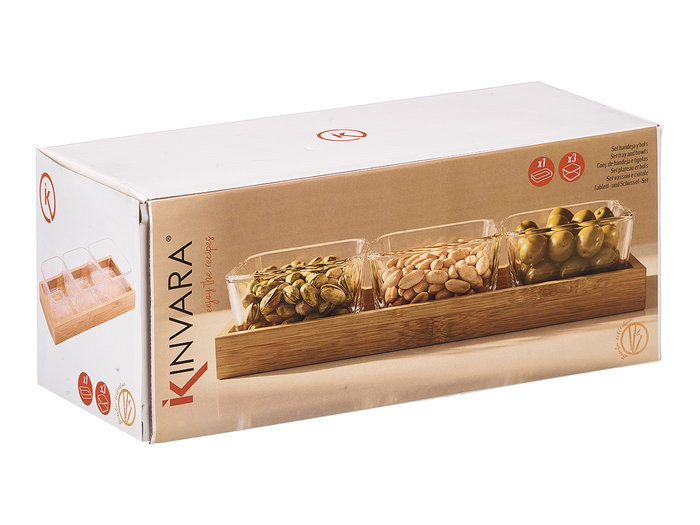 Kinvara - Bandeja de Bambú con 3 Boles de Vidrio, para Frutos Secos o Snacks, Dimensiones 31 x Adicional: Bol 10x10x5 cm + Bandeja 31x11x3 cm (Set de 12) Kinvara - Bandeja de Bambú con 3 Boles de Vidrio, para Frutos Secos o Snacks, Dimensiones 31 x Adicional: Bol 10x10x5 cm + Bandeja 31x11x3 cm (Set de 12)