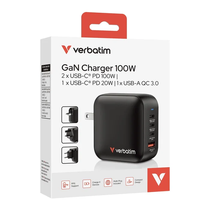Verbatim Mini GaN Wall Charger 100W 3xUSB-C, 1xUSB-A, Negro Verbatim Mini GaN Wall Charger 100W 3xUSB-C, 1xUSB-A, Negro