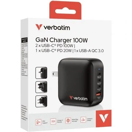 Verbatim Mini GaN Wall Charger 100W 4 Puertos USB-C PD/USB-A QC, Cargador Viaje Universal, 32231