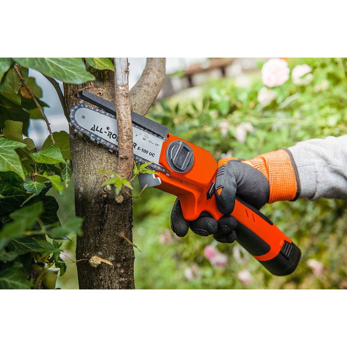 Stocker Motosierra de mano Rounder e-100 uc con Batería, 940g, 38cm Longitud, hasta Ø90mm Corte, Tensado Automático de Cadena