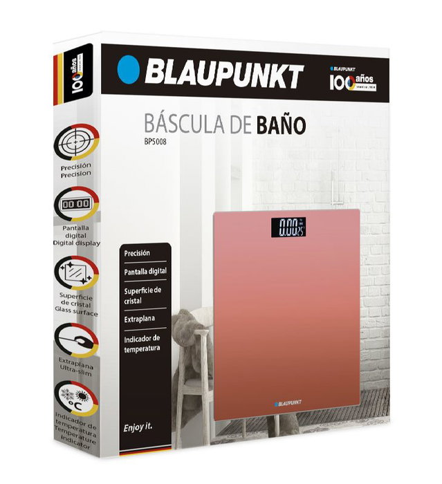 BLAUPUNKT Báscula de Baño Digital con Indicador de Temperatura y Superficie de Cristal Extraplano