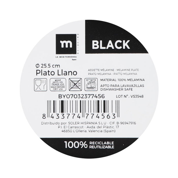 La Mediterranea Plato Llano Mel.Mate Black 25.5 cm (24 Unidades)突出 La Mediterranea Plato Llano Mel.Mate Black 25.5 cm (24 Unidades)突出
