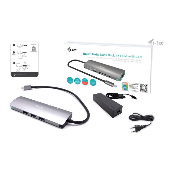 I-TEC USB-C Metal Nano Docking Station 4K HDMI LAN con Power Delivery 100W Gris