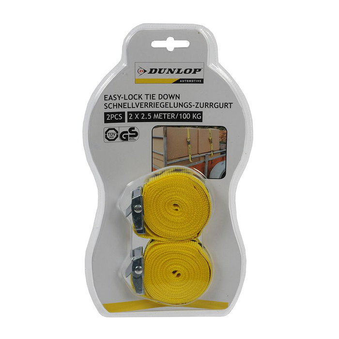 Dunlop Cinchas de Amarre con Cierre Sencillo 2x2.5m 100kg para Automoción Dunlop Cinchas de Amarre con Cierre Sencillo 2x2.5m 100kg para Automoción