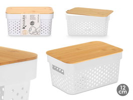 Kinvara Caja Multiusos Perforada Tapa Bambu Blanca 26x17.5x12.5 cm (Set de 8)