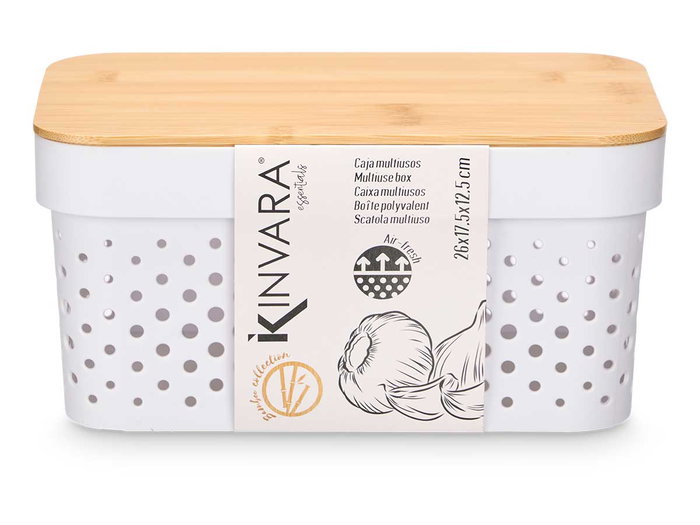 Kinvara Caja Multiusos Perforada Tapa Bambu Blanca 26x17.5x12.5 cm (Set de 8)