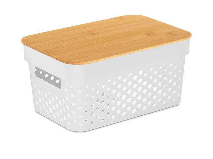 Kinvara Caja Multiusos Perforada Tapa Bambu Blanca 26x17.5x12.5 cm (Set de 8)